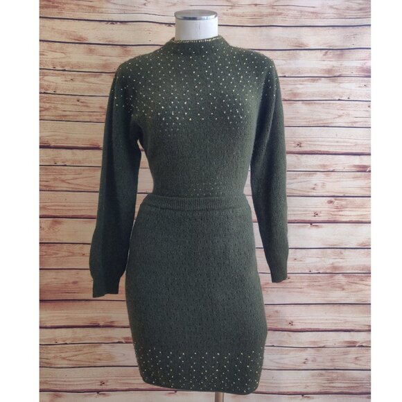 Vintage Gold Beaded Olive Sweater Pencil Skirt - Picture 7 of 8